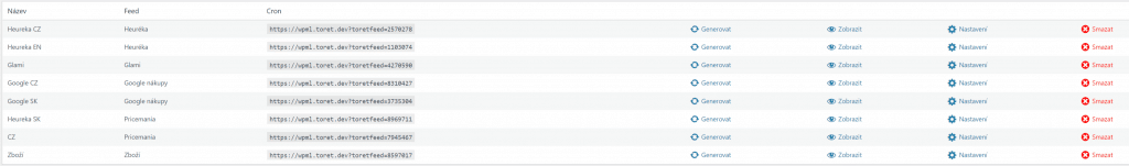 Toret Xml Feeds - Seznam XML feedů v administraci