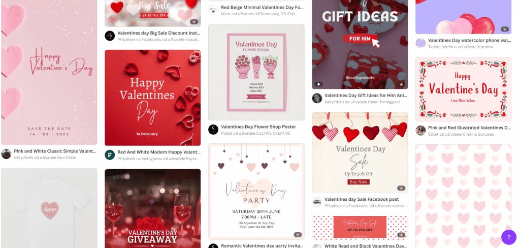 Inšpiráciu pre vizuál valentínskej kampane môžete získať v nástroji Canva.