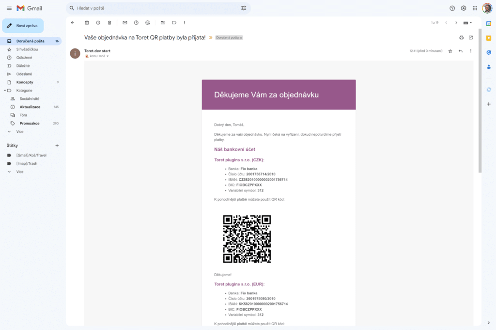 Zobrazenie kódu QR pre platbu bankovým prevodom v e-maile