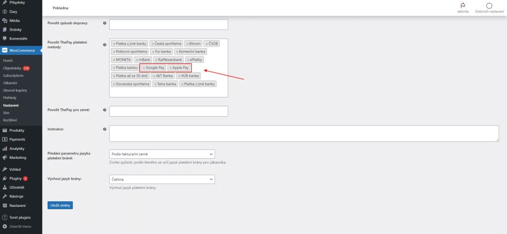 V nastaveniach WooCommerce povoľte platby Google Pay a Apple Pay.