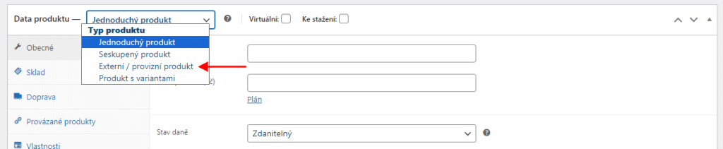 WooCommerce umožňuje vytvoriť externý/produktový produkt, ktorý môžete použiť na ponuku partnerských produktov. Typ produktu môžete prepínať priamo v detailoch produktu.