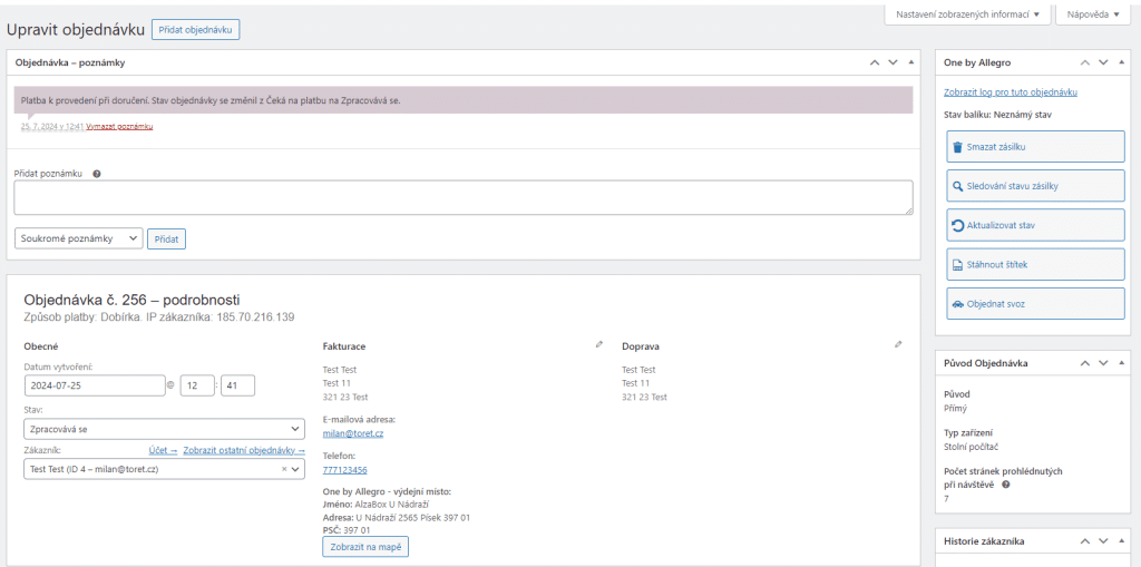 Metabox One by Allegro umožňuje vykonávať činnosti správy zásielok v detailoch objednávky (vpravo hore).