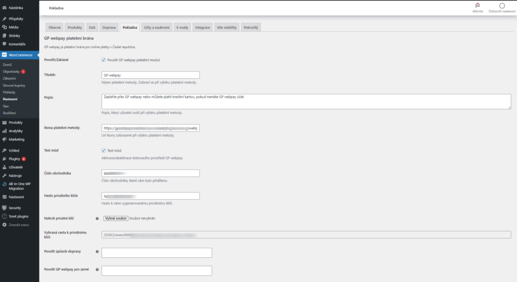 Nastavenie pluginu GP webpay v platobnej metóde WooCommerce 