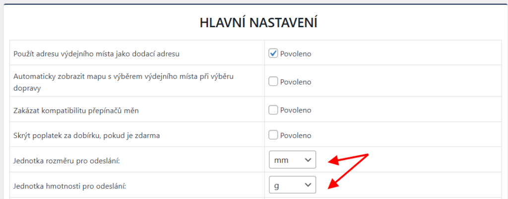 Nastavenie jednotiek pre hmotnosť a rozmery balíka