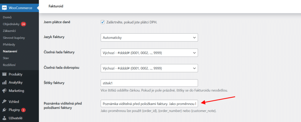 V nastaveniach pluginu Fakturoid môžete teraz určiť poznámku, ktorá sa bude zobrazovať na faktúre.