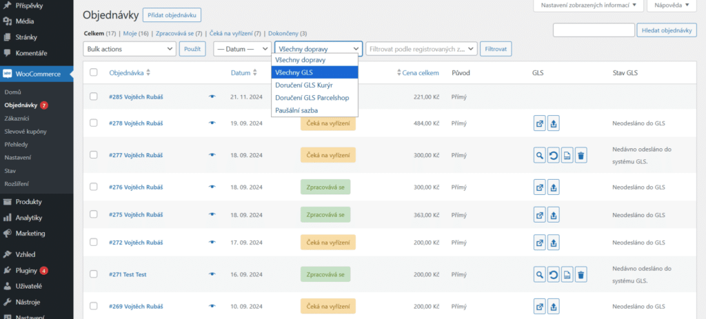 Plugin GLS teraz umožňuje filtrovať objednávky podľa vybraného spôsobu dopravy.