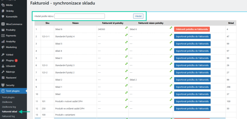 Plugin Fakturoid teraz umožňuje vyhľadávanie v synchronizovaných skladových položkách