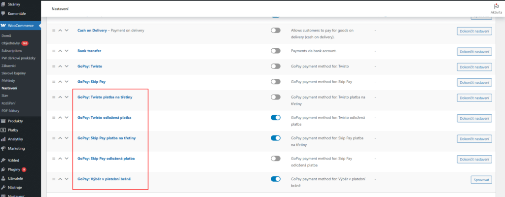 Nové platobné metódy GoPay v nastaveniach pokladní WooCommerce