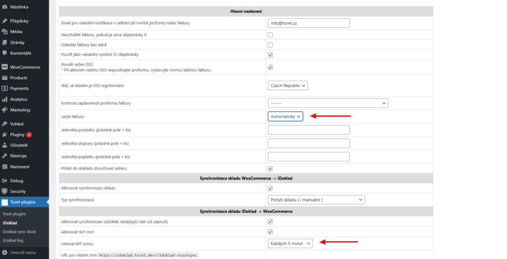 V nastaveniach pluginu iDoklad teraz nájdete možnosť automatického nastavenia jazyka faktúry podľa objednávky a nastavenie intervalu synchronizácie skladu