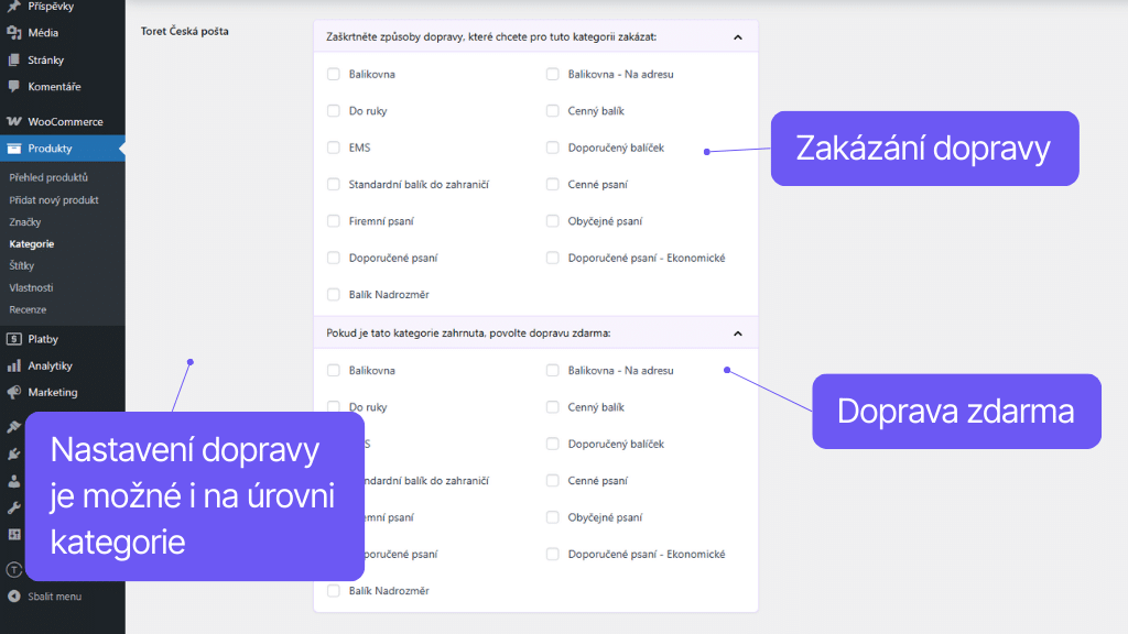Plugin Toret Česká pošta pre WooCommerce - nastavenie dopravy pre kategóriu