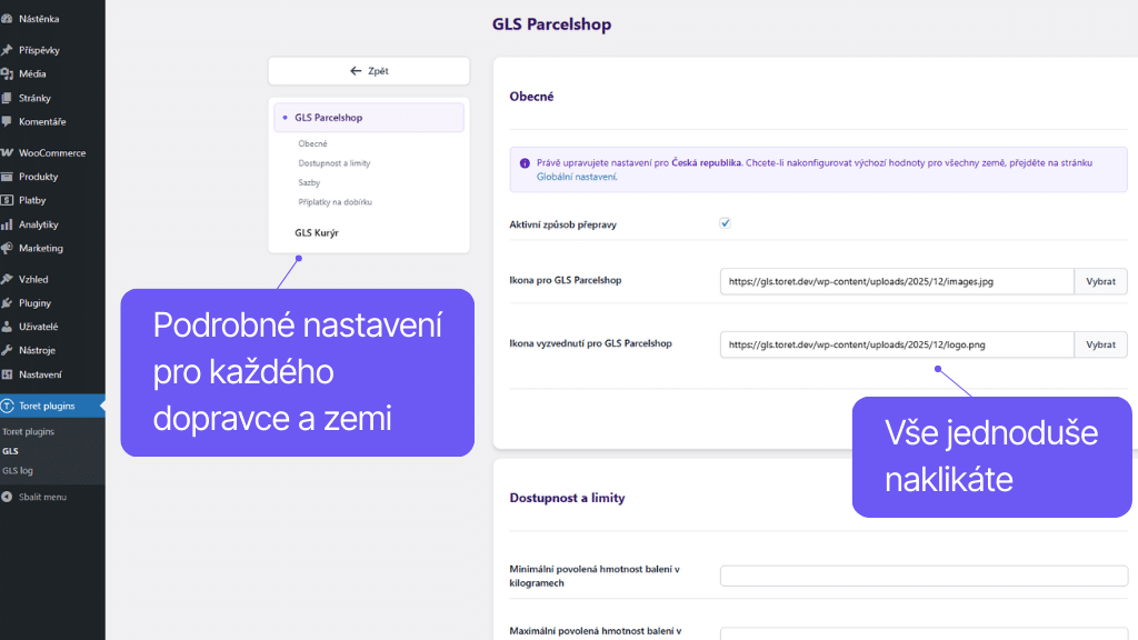 Plugin Toret GLS pre WooCommerce - nastavenie dopravy