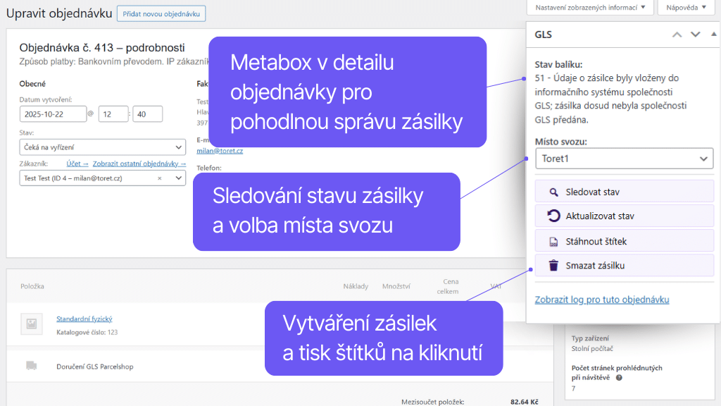 Plugin Toret GLS pre WooCommerce - správa objednávok (2)