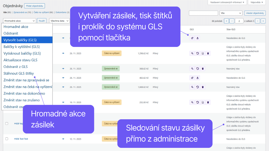 Plugin Toret GLS pre WooCommerce - správa objednávok