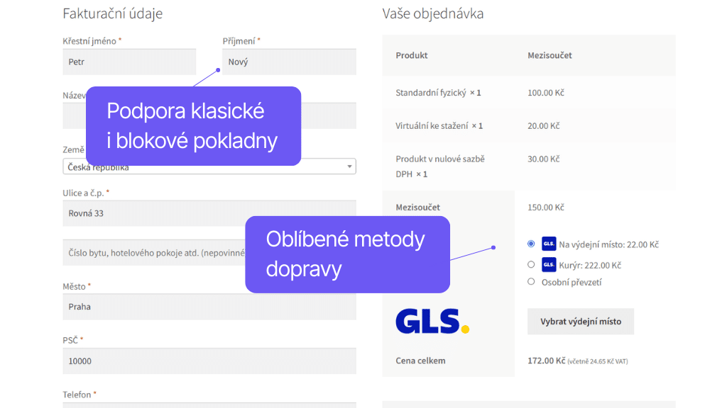 Plugin Toret GLS pre WooCommerce - zobrazenie v pokladni