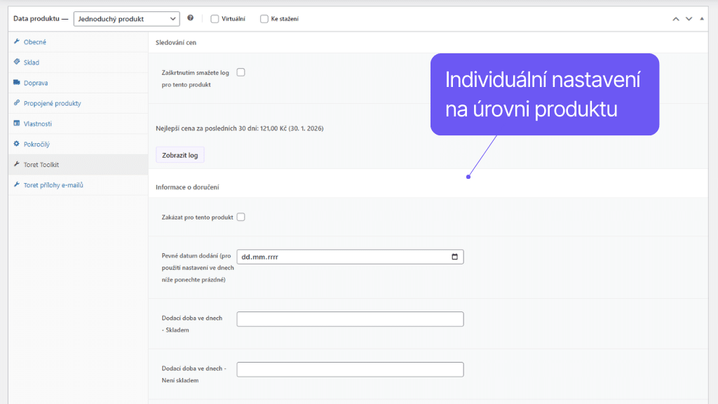 Plugin Toret Toolkit pre WooCommerce - funkcie pre produkt - nastavenie