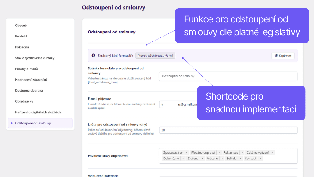 Plugin Toret Toolkit pre WooCommerce - nastavenie funkcií pre odstúpenie od zmluvy