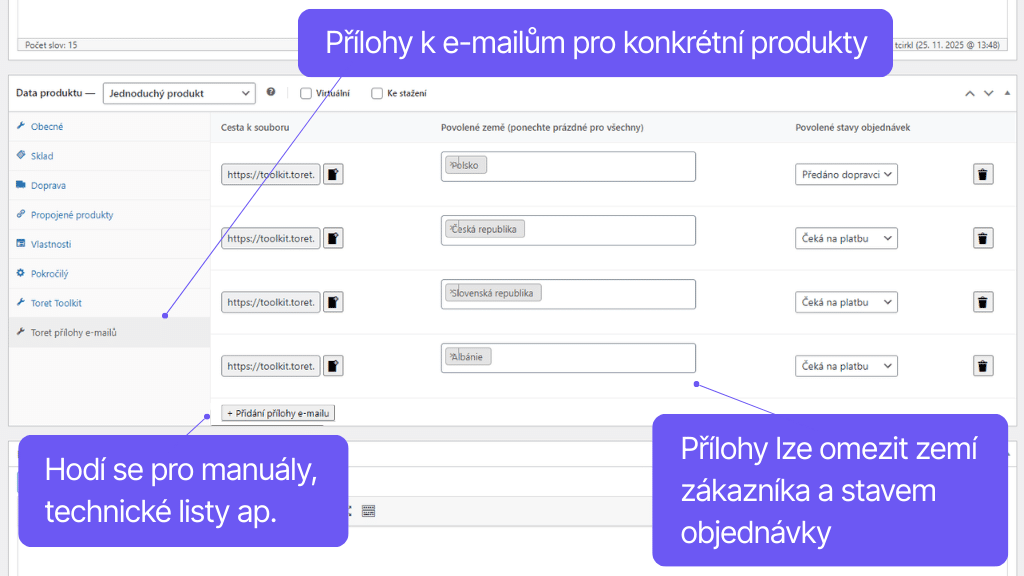 Plugin Toret Toolkit pre WooCommerce - nastavenie príloh e-mailov k produktu