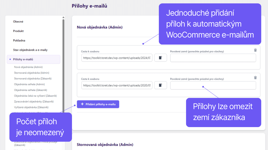 Plugin Toret Toolkit pre WooCommerce - nastavenie príloh e-mailov