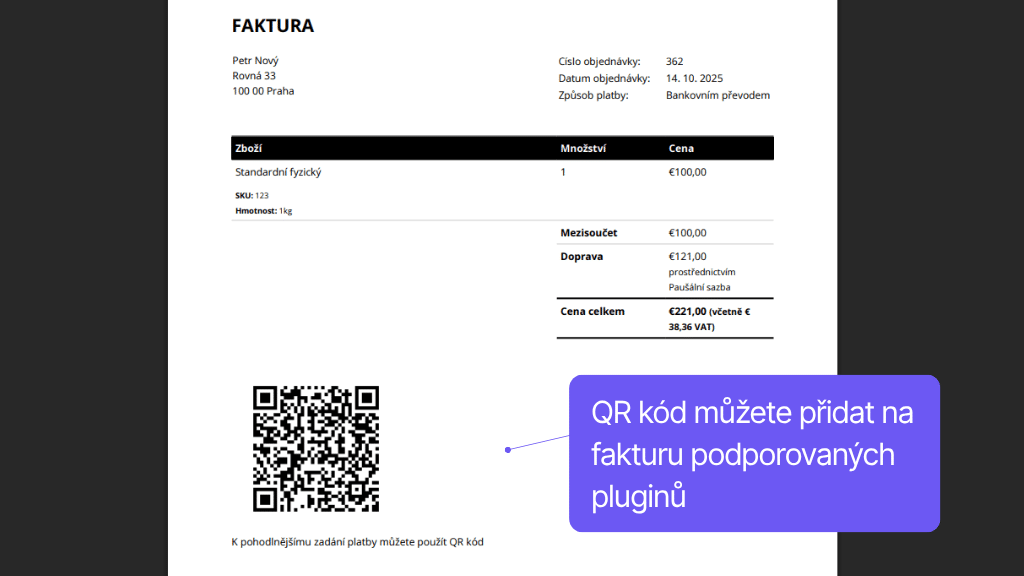 WooCommerce plugin QR kódy - zobrazenie na faktúre