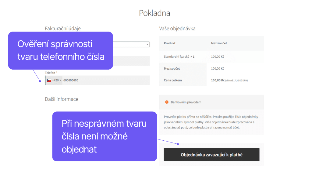Plugin Telefón pre WooCommerce - zobrazenie v pokladni