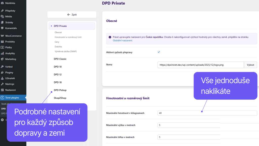 Plugin Toret DPD pre WooCommerce - nastavenie dopravy