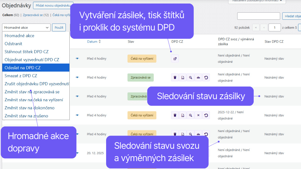 Plugin Toret DPD pre WooCommerce - správa zásielok