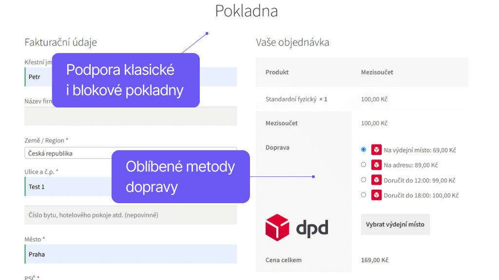 Plugin Toret DPD pre WooCommerce - zobrazenie v pokladni
