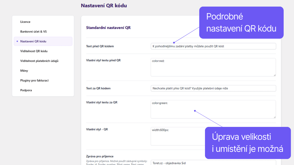 WooCommerce plugin QR kódy - nastavenie QR kódu
