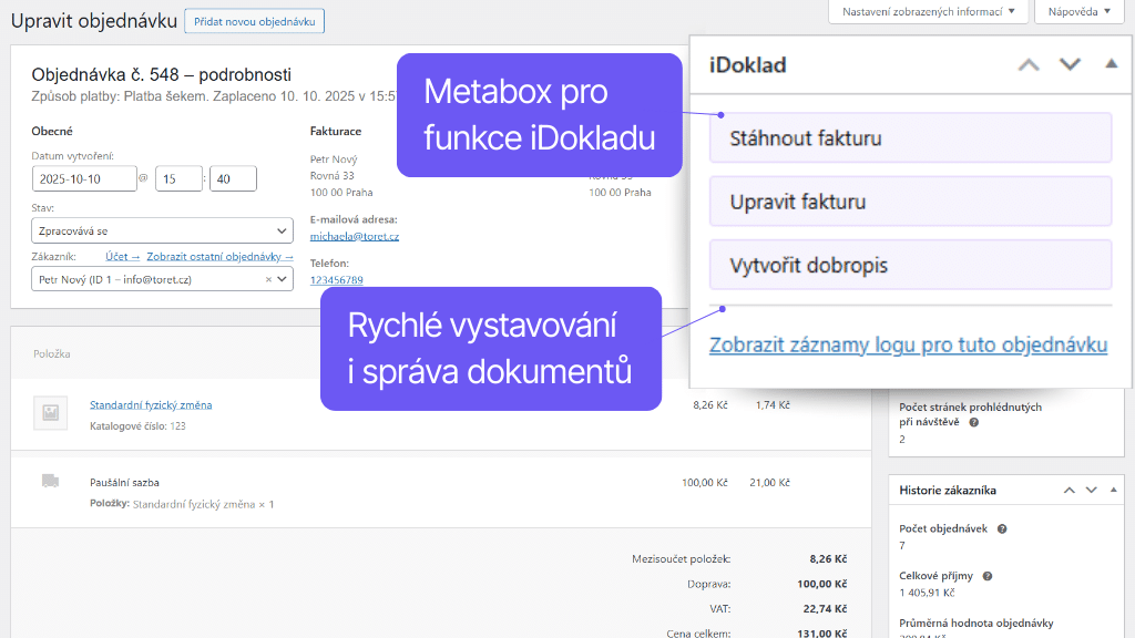 WooCommerce plugin iDoklad - funkcie v detaile objednávky