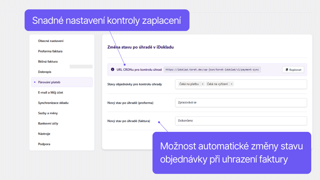 WooCommerce plugin iDoklad - nastavenie kontroly uhradenia