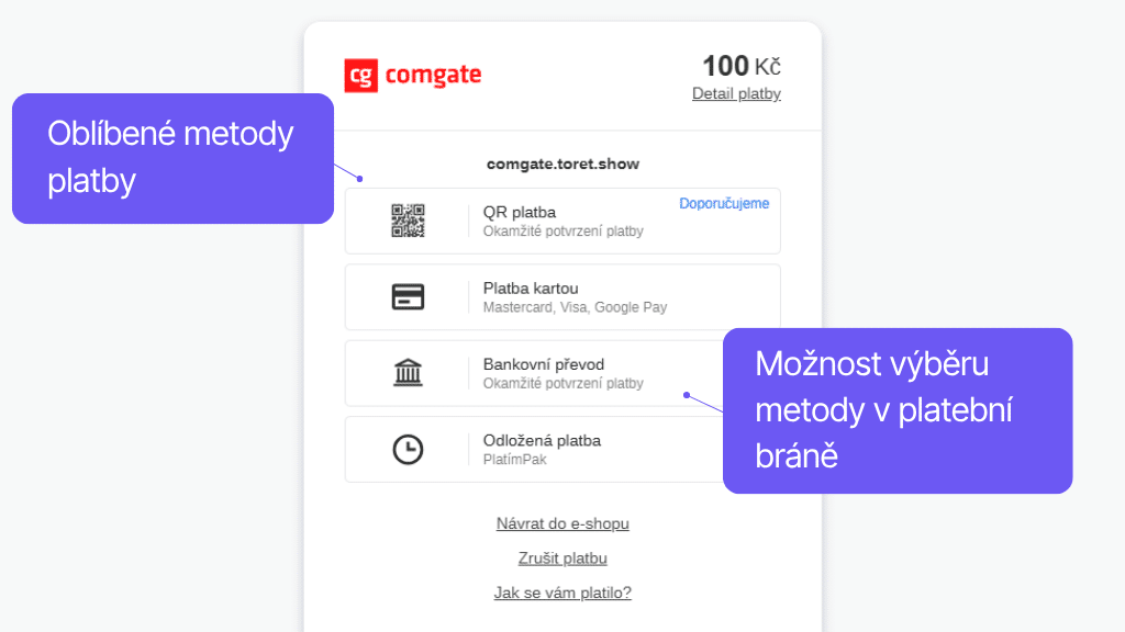 Platobná brána Comgate pre WooCommerce - výber metódy v platobnej bráne