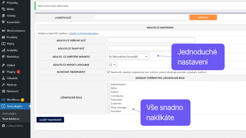 Plugin Toret Adulto pre WooCommerce - nastavenie