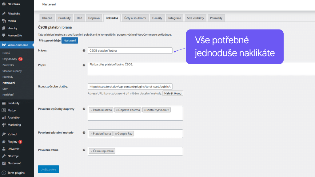 Plugin Toret ČSOB pre WooCommerce - nastavenie platobnej metódy