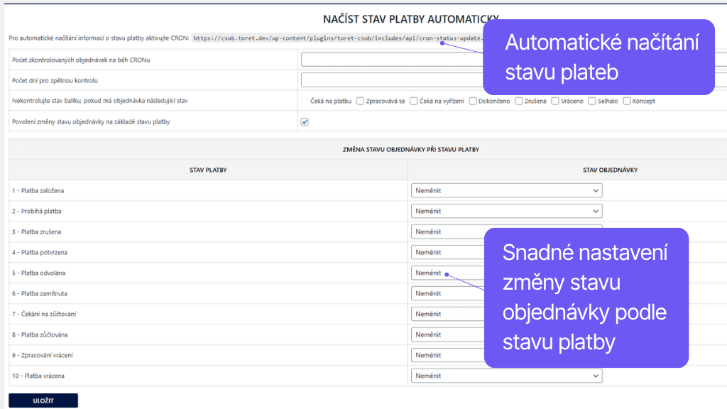 Plugin Toret ČSOB pre WooCommerce - nastavenie zmeny stavu objednávky podľa stavu platby
