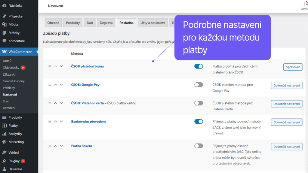 Plugin Toret ČSOB pre WooCommerce - nastavenie platobných metód