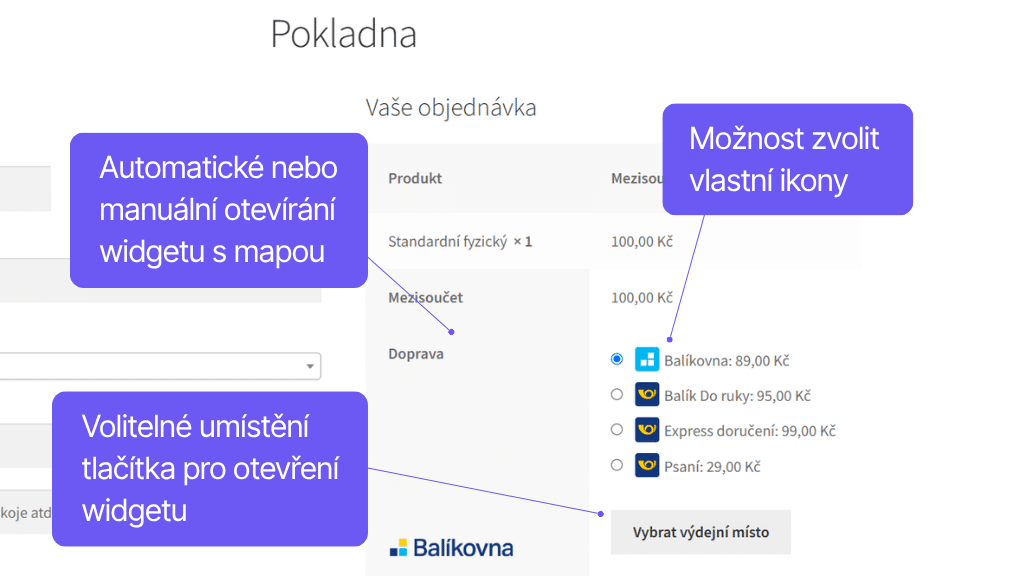 Plugin Toret Česká pošta - zobrazenie v pokladni