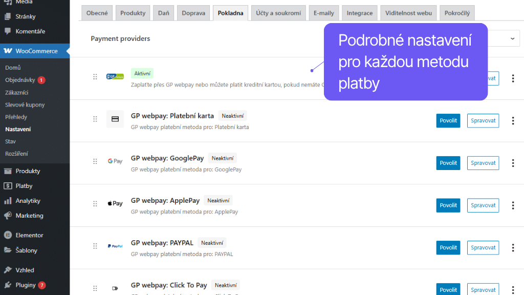 Plugin Toret GP webpay pre WooCommerce - nastavenie platobných metód