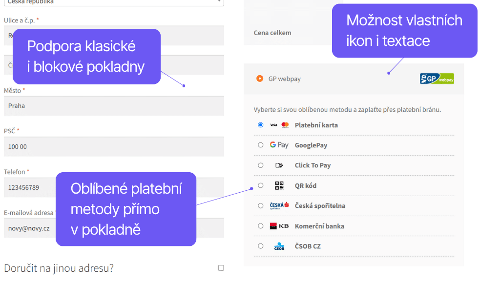Plugin Toret GP webpay pre WooCommerce - zobrazenie v pokladni