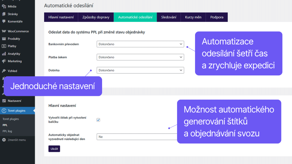 Plugin Toret PPL pre WooCommerce - nastavenie automatizácie