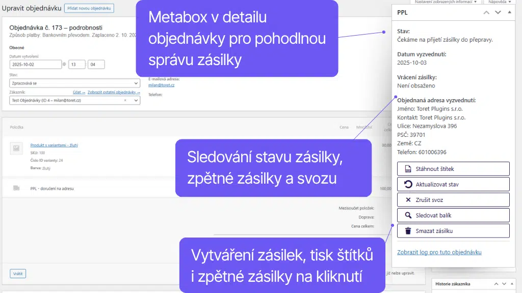 Plugin Toret PPL pre WooCommerce - správa objednávok (2)
