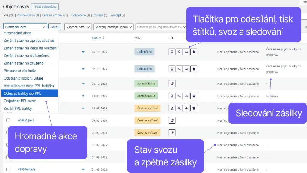 Plugin Toret PPL pre WooCommerce - správa objednávok