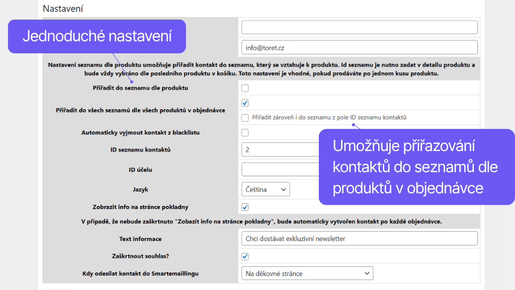 Plugin Toret Smartemailing pre WooCommerce - nastavenie