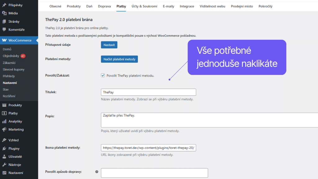 Plugin Toret ThePay pre WooCommerce - nastavenie platobnej metódy