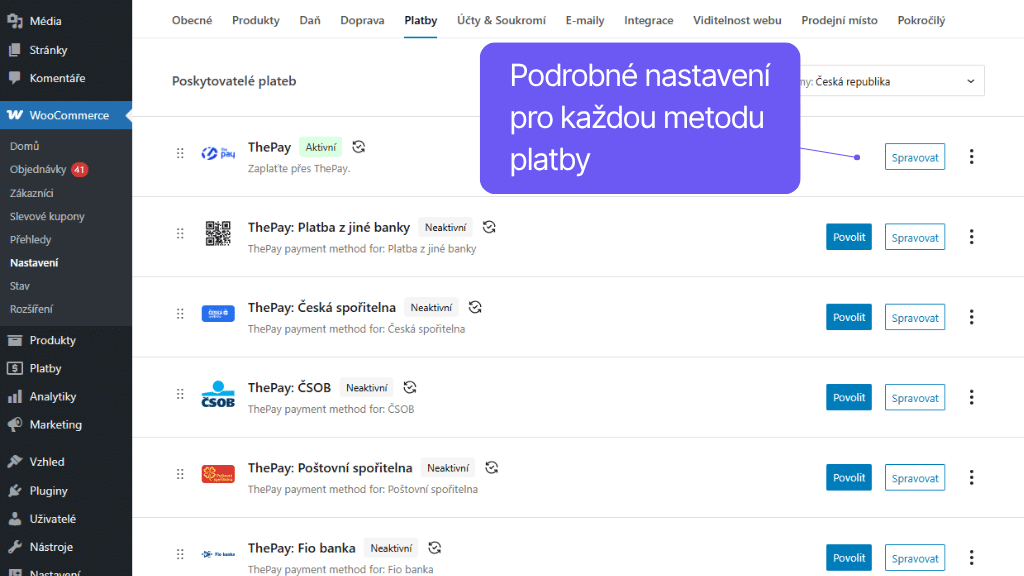 Plugin Toret ThePay pre WooCommerce - nastavenie platobných metód