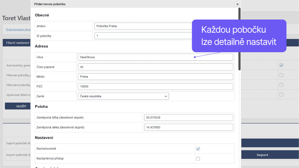Plugin Toret Vlastné pobočky a doprava pre WooCommerce - nastavenie pobočky