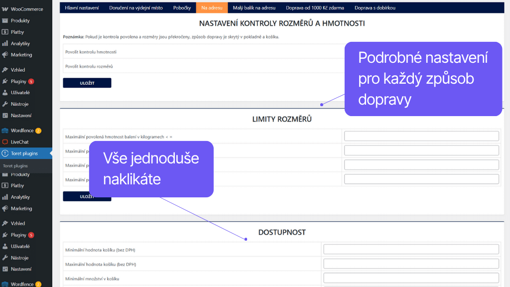 Plugin Toret Vlastné pobočky a doprava pre WooCommerce - nastavenie