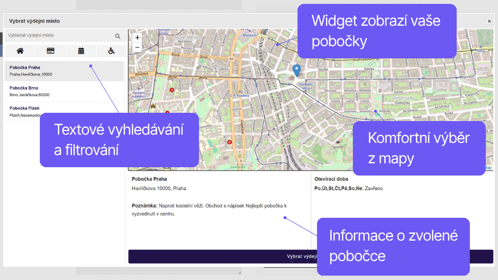 Plugin Toret Vlastné pobočky a doprava pre WooCommerce - widget s mapou