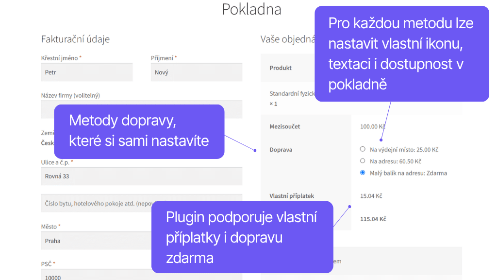 Plugin Toret Vlastné pobočky a doprava pre WooCommerce - zobrazenie v pokladni