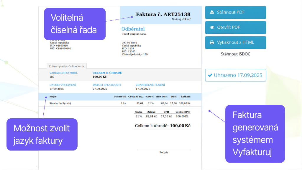 Plugin Toret Vyfakturuj pre WooCommerce - faktúra