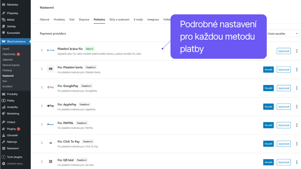 Toret Fio banka - nastavenie platobných metód